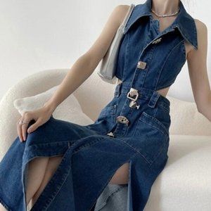 CUT OUT DENIM MAXI DRESS